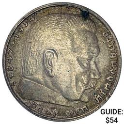 1939-J Germany Silver 5 Mark CLOSELY UNCIRCULATED