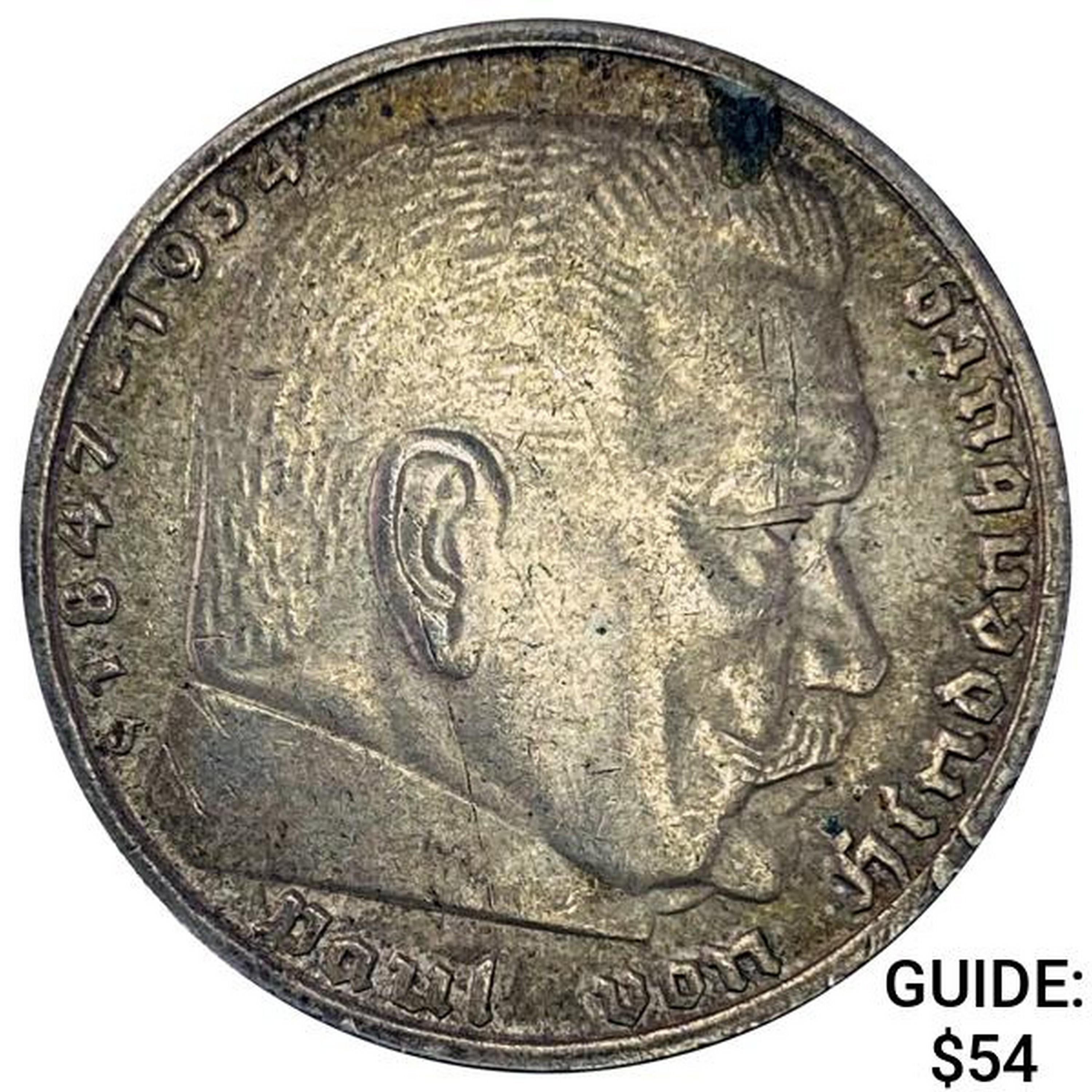 1939-J Germany Silver 5 Mark CLOSELY UNCIRCULATED