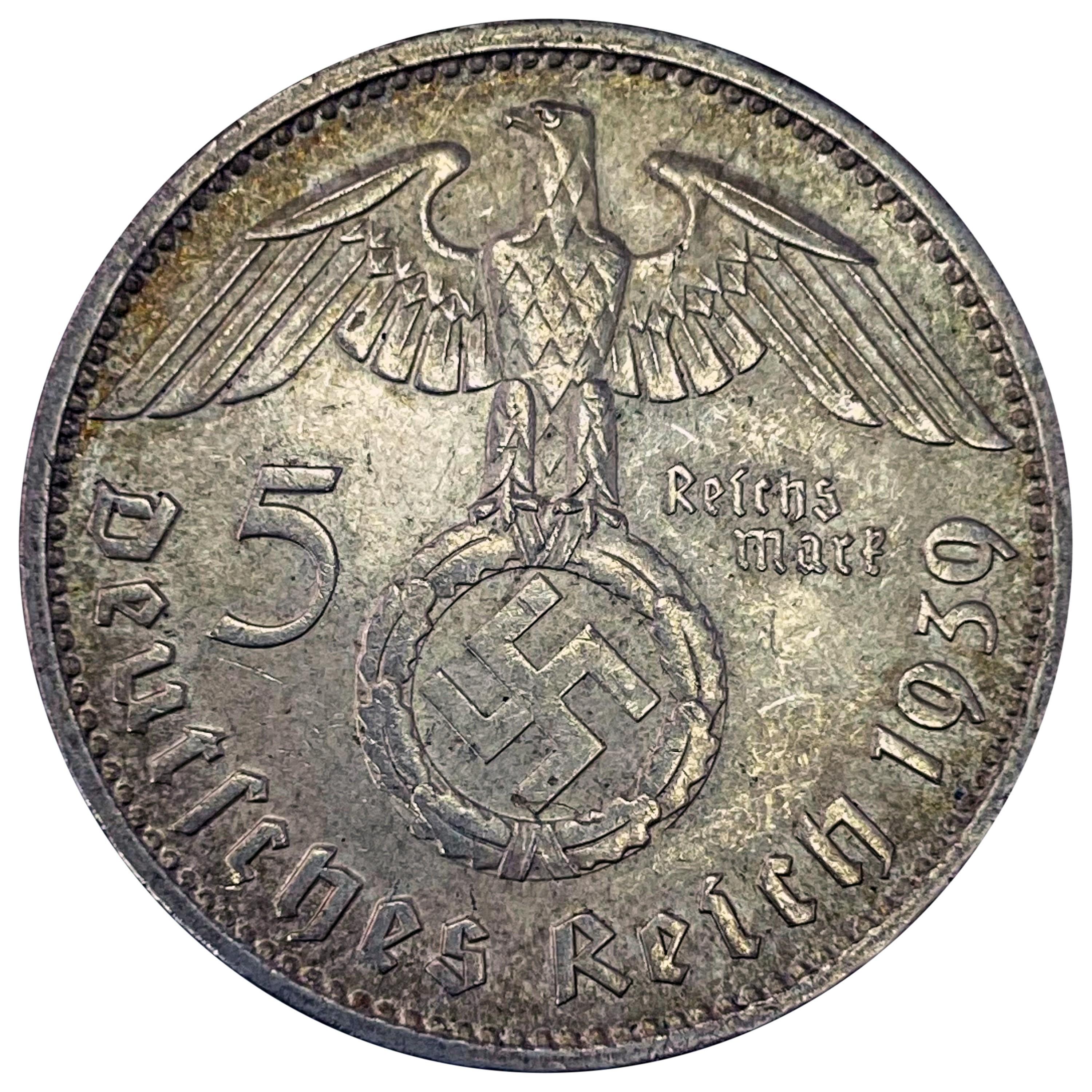 1939-J Germany Silver 5 Mark CLOSELY UNCIRCULATED