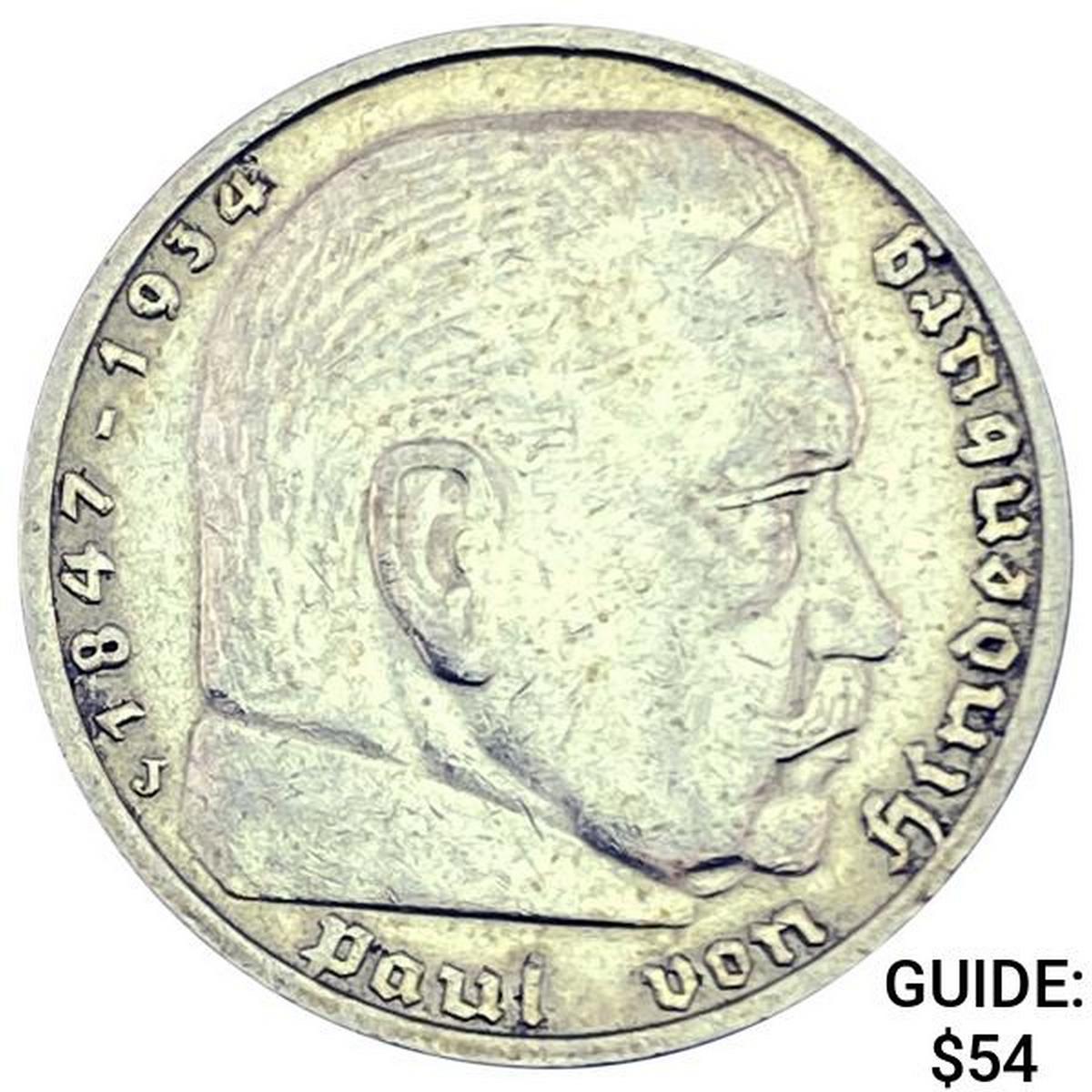 1937-J Germany Silver 5 Reichsmark CLOSELY UNCIRCULATED