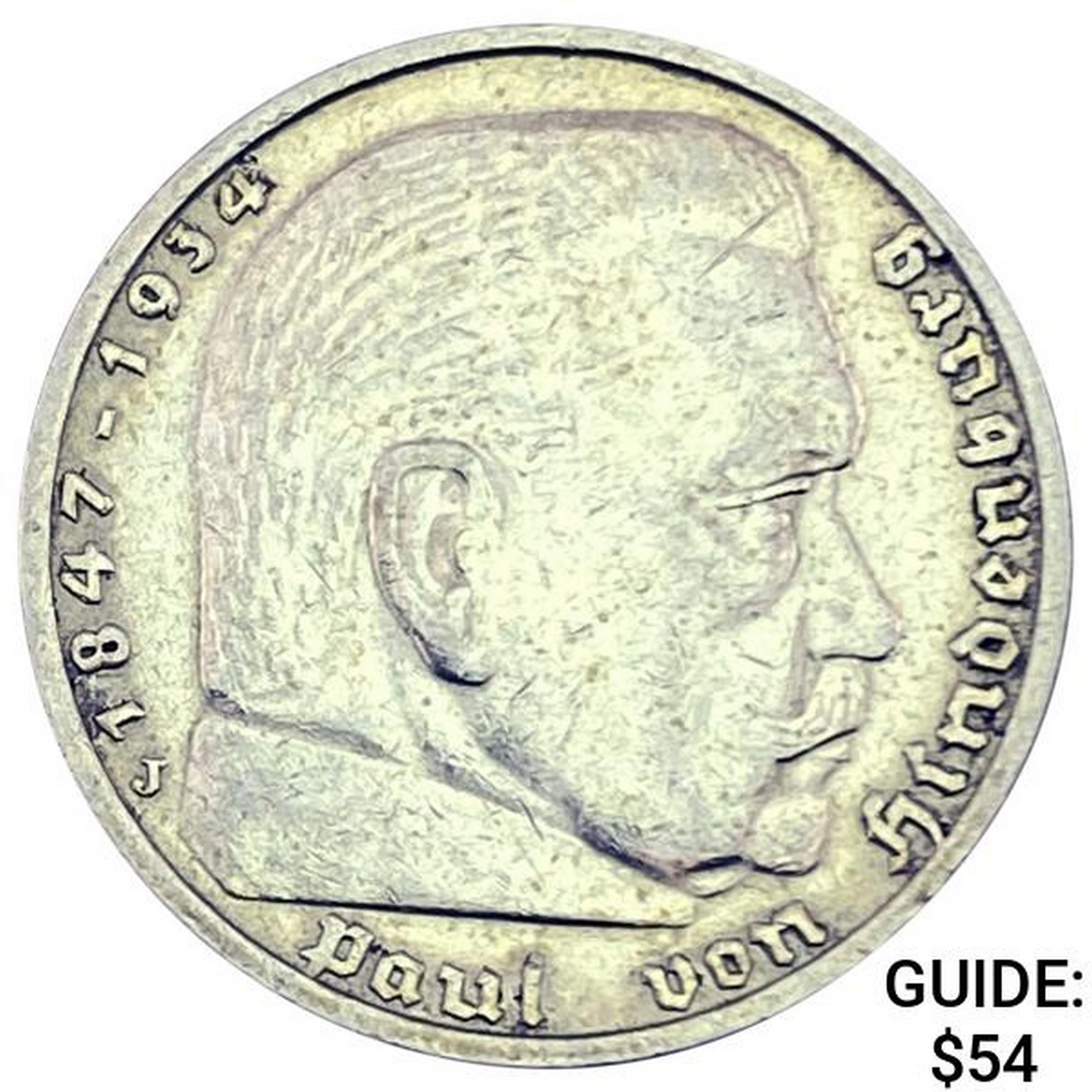 1937-J Germany Silver 5 Reichsmark CLOSELY UNCIRCULATED