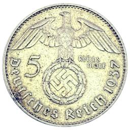 1937-J Germany Silver 5 Reichsmark CLOSELY UNCIRCULATED