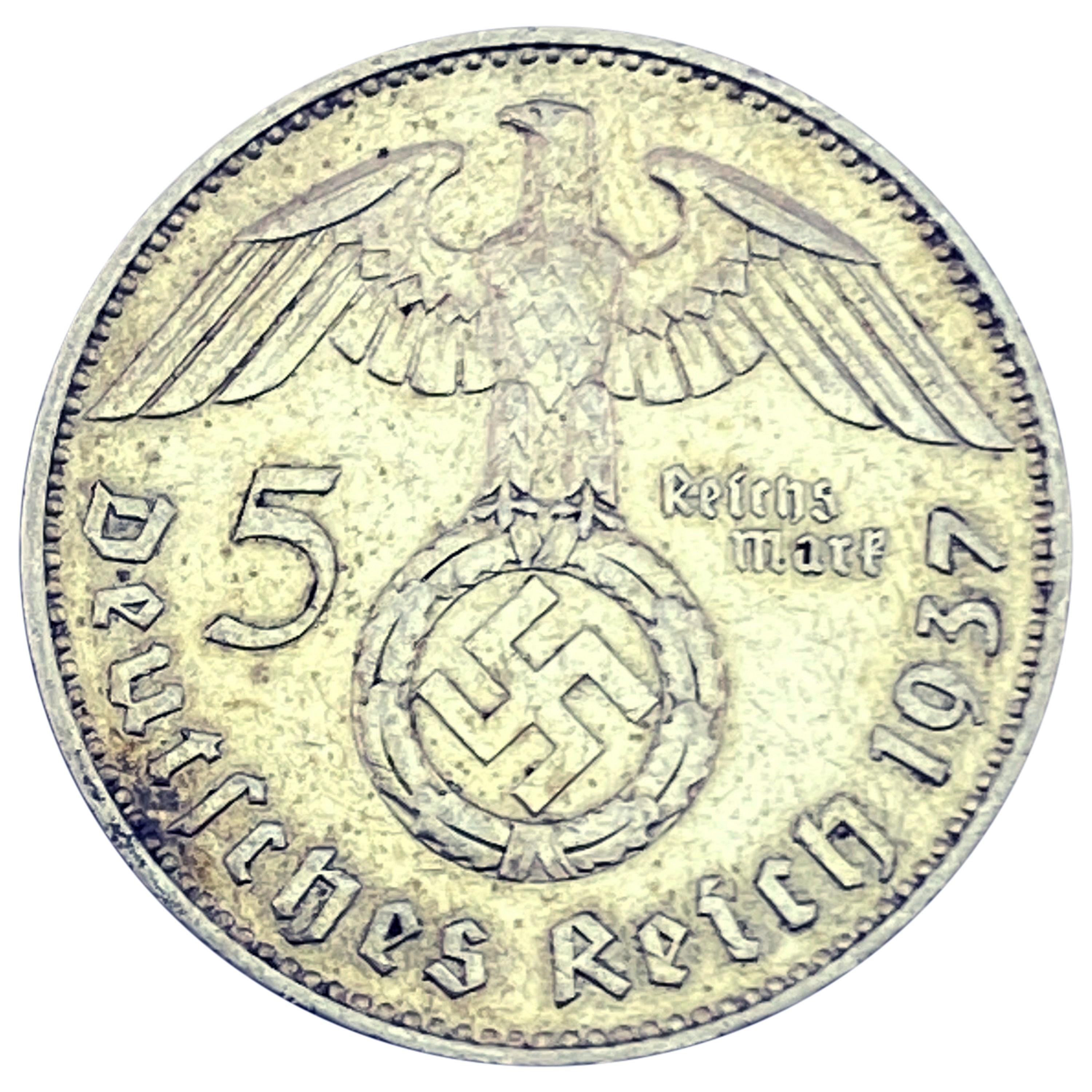 1937-J Germany Silver 5 Reichsmark CLOSELY UNCIRCULATED