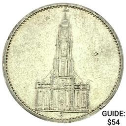 1934-J Germany Silver 5 Reichsmark CLOSELY UNCIRCULATED