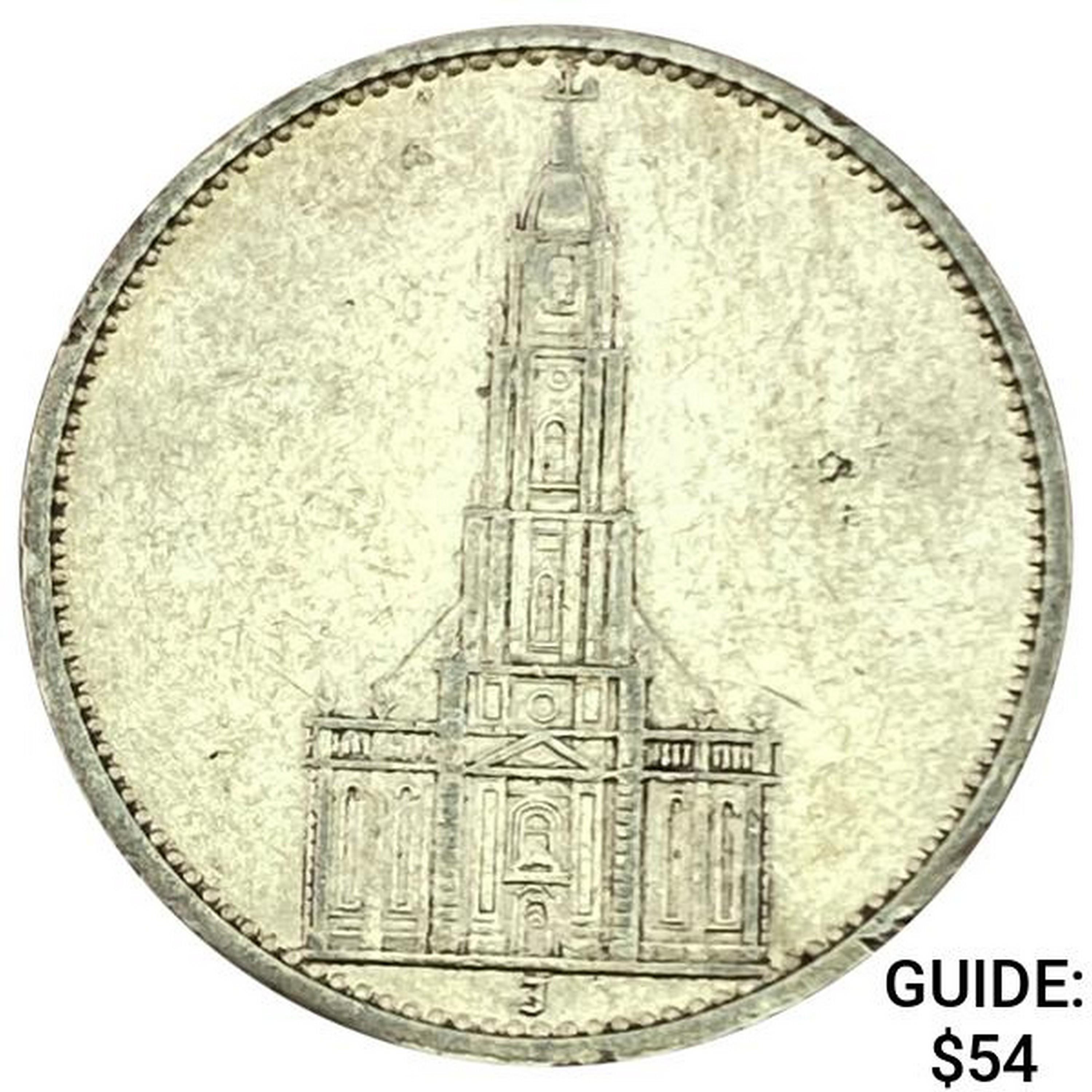 1934-J Germany Silver 5 Reichsmark CLOSELY UNCIRCULATED