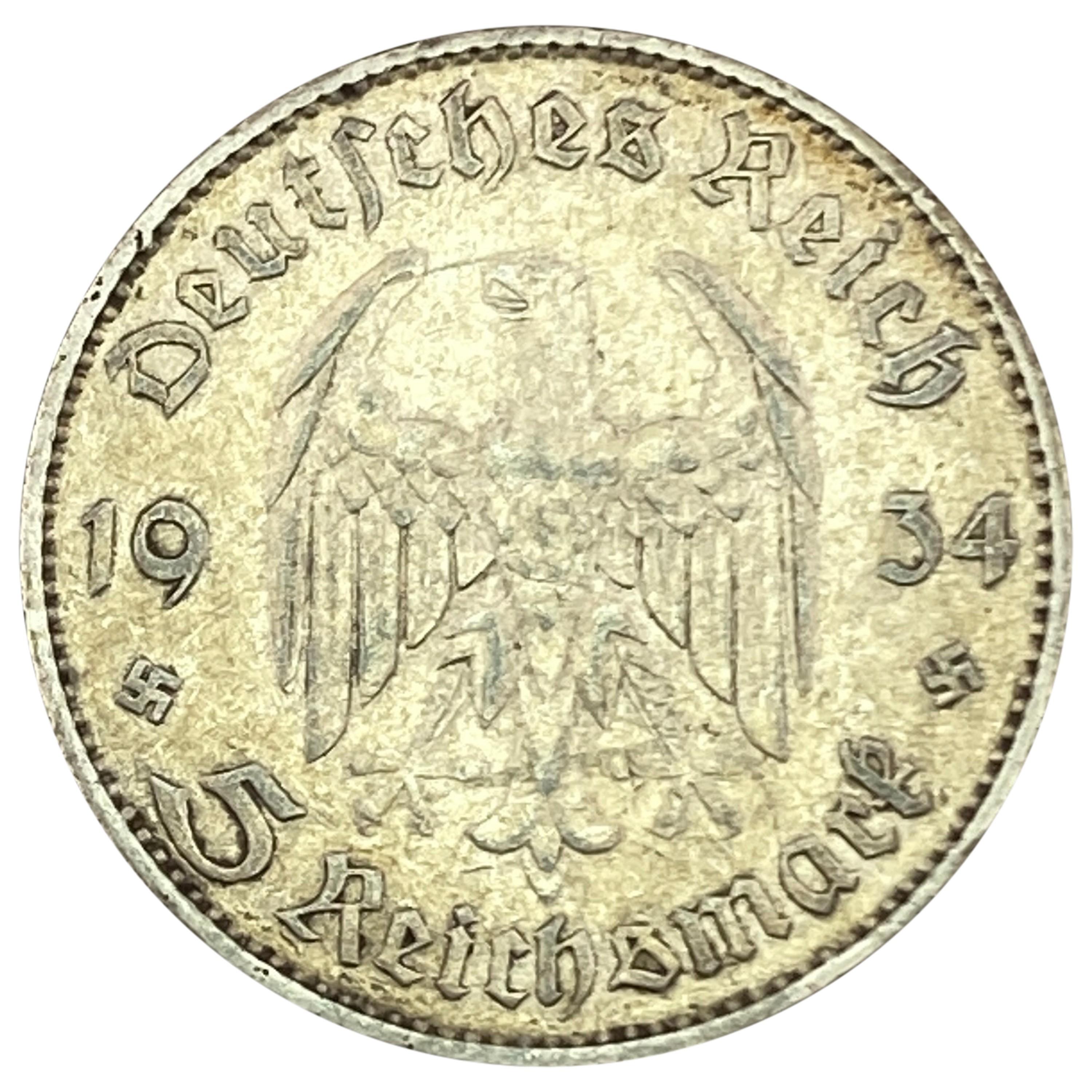 1934-J Germany Silver 5 Reichsmark CLOSELY UNCIRCULATED