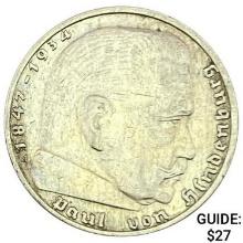 1937-A Germany Silver 2 Reichsmark CLOSELY UNCIRCULATED