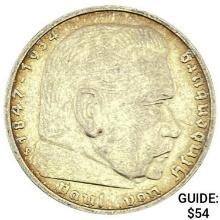 1936-F Germany Silver 5 Mark CLOSELY UNCIRCULATED