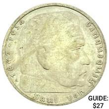 1937-A Germany Silver 2 Reichsmark CLOSELY UNCIRCULATED