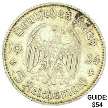 1934-E Germany Silver 5 Mark CLOSELY UNCIRCULATED