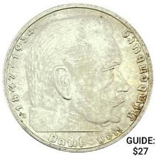 1937-E Germany Silver 2 Reichsmark CLOSELY UNCIRCULATED