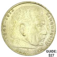 1937-A Germany Silver 2 Reichsmark CLOSELY UNCIRCULATED