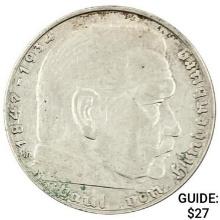 1937-J Germany Silver 2 Reichsmark CLOSELY UNCIRCULATED
