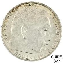 1937-A Germany Silver 2 Reichsmark CLOSELY UNCIRCULATED