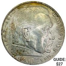 1938-F Germany Silver 2 Reichsmark CLOSELY UNCIRCULATED
