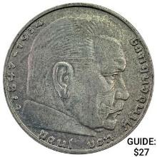 1937-D Germany Silver 2 Reichsmark CLOSELY UNCIRCULATED