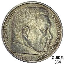 1937-A Germany Silver 5 Mark CLOSELY UNCIRCULATED