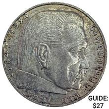 1939-J Germany Silver 2 Reichsmark CLOSELY UNCIRCULATED