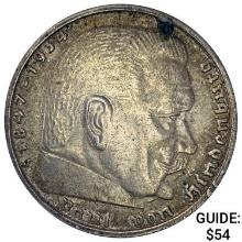1939-J Germany Silver 5 Mark CLOSELY UNCIRCULATED
