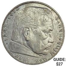1938-A Germany Silver 2 Reichsmark CLOSELY UNCIRCULATED
