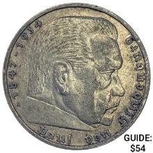 1936-A Germany Silver 5 Mark CLOSELY UNCIRCULATED