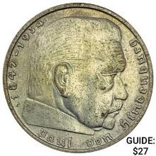 1937-A Germany Silver 2 Reichsmark CLOSELY UNCIRCULATED