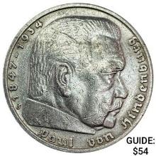 1938-J Germany Silver 5 Mark CLOSELY UNCIRCULATED