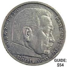 1935-E Germany Silver 5 Reichsmark NEARLY UNCIRCULATED