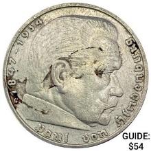 1938-G Germany Silver 5 Mark CLOSELY UNCIRCULATED