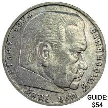 1935-J Germany Silver 5 Mark CLOSELY UNCIRCULATED