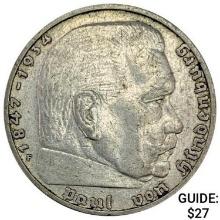1937-F Germany Silver 2 Reichsmark CLOSELY UNCIRCULATED