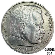 1938-J Germany Silver 5 Mark CLOSELY UNCIRCULATED