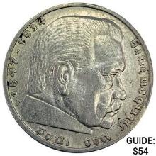 1938-F Germany Silver 5 Mark CLOSELY UNCIRCULATED