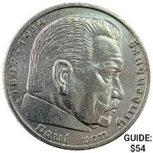 1938-A Germany Silver 5 Mark CLOSELY UNCIRCULATED