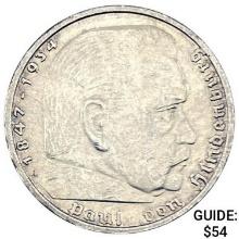 1939-A Germany Silver 5 Reichsmark CLOSELY UNCIRCULATED