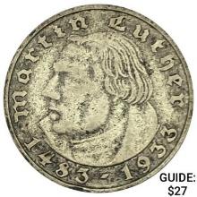 1933-A Germany Silver 2 Reichsmark NEARLY UNCIRCULATED