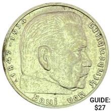 1937-A Germany Silver 2 Reichsmark CLOSELY UNCIRCULATED