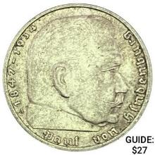 1937-A Germany Silver 2 Reichsmark CLOSELY UNCIRCULATED