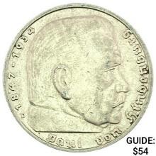 1936-D Germany Silver 5 Reichsmark CLOSELY UNCIRCULATED