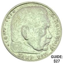1938-G Germany Silver 2 Reichsmark CLOSELY UNCIRCULATED