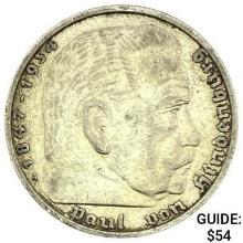 1936-A Germany Silver 5 Reichsmark CLOSELY UNCIRCULATED