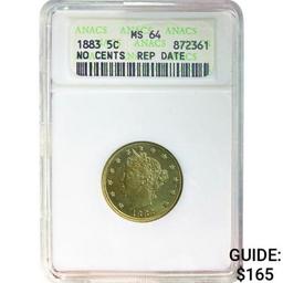 1883 5C Liberty Nickel No Cents ANACS MS