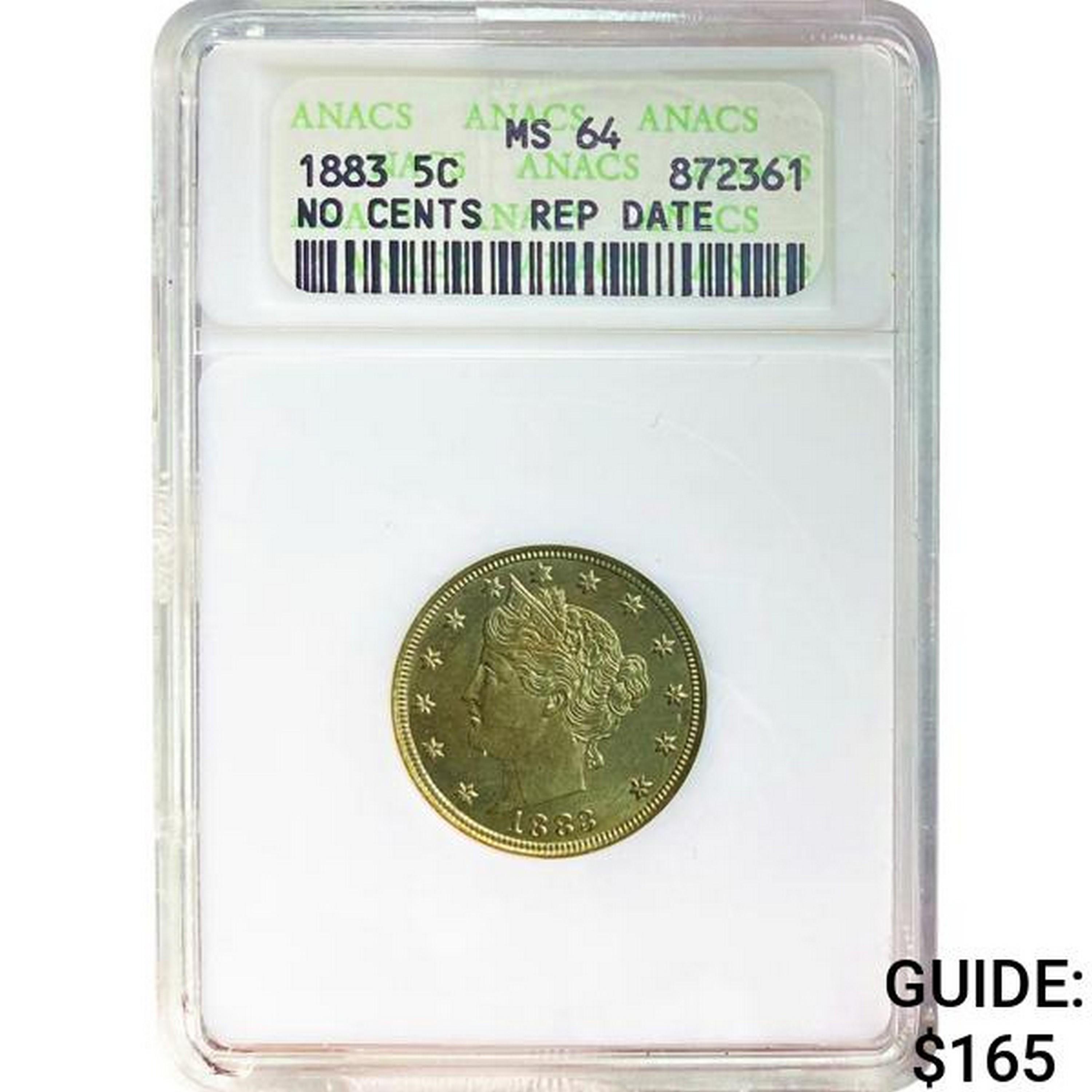 1883 5C Liberty Nickel No Cents ANACS MS