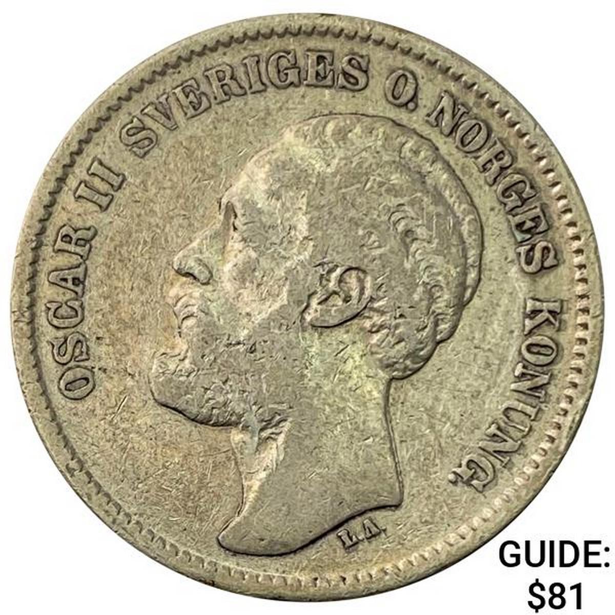 1876 Norway Silver 2 Kreuzer NEARLY UNCIRCULATED
