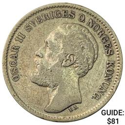 1876 Norway Silver 2 Kreuzer NEARLY UNCIRCULATED