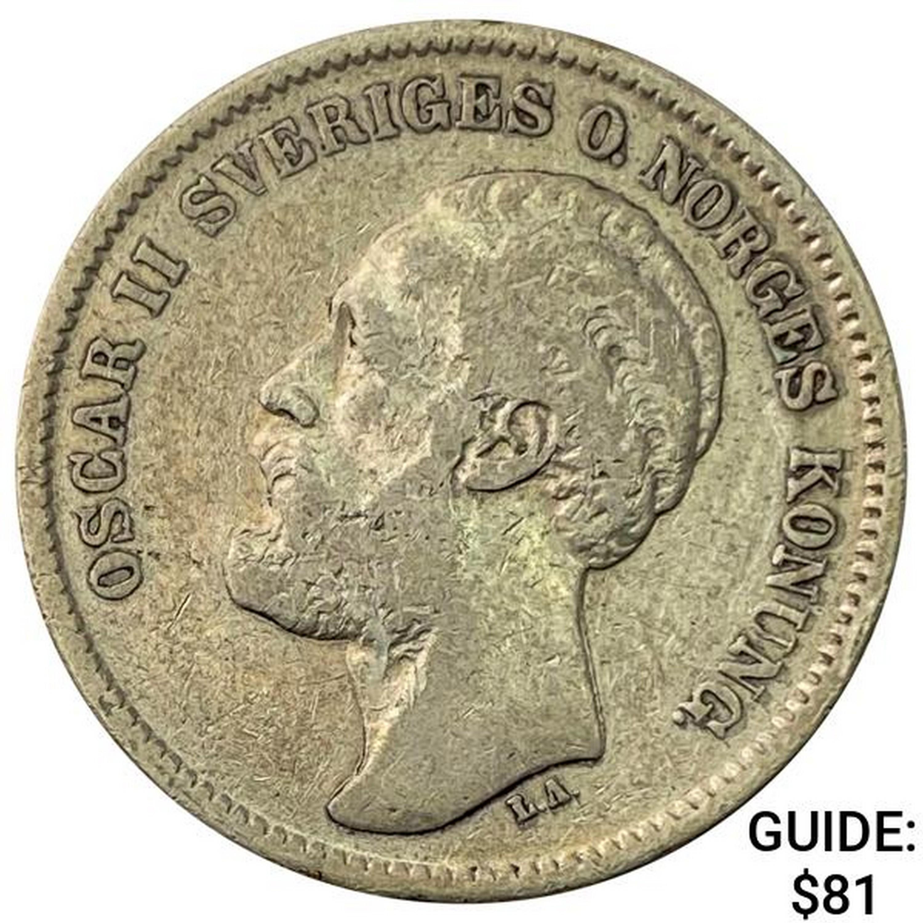 1876 Norway Silver 2 Kreuzer NEARLY UNCIRCULATED