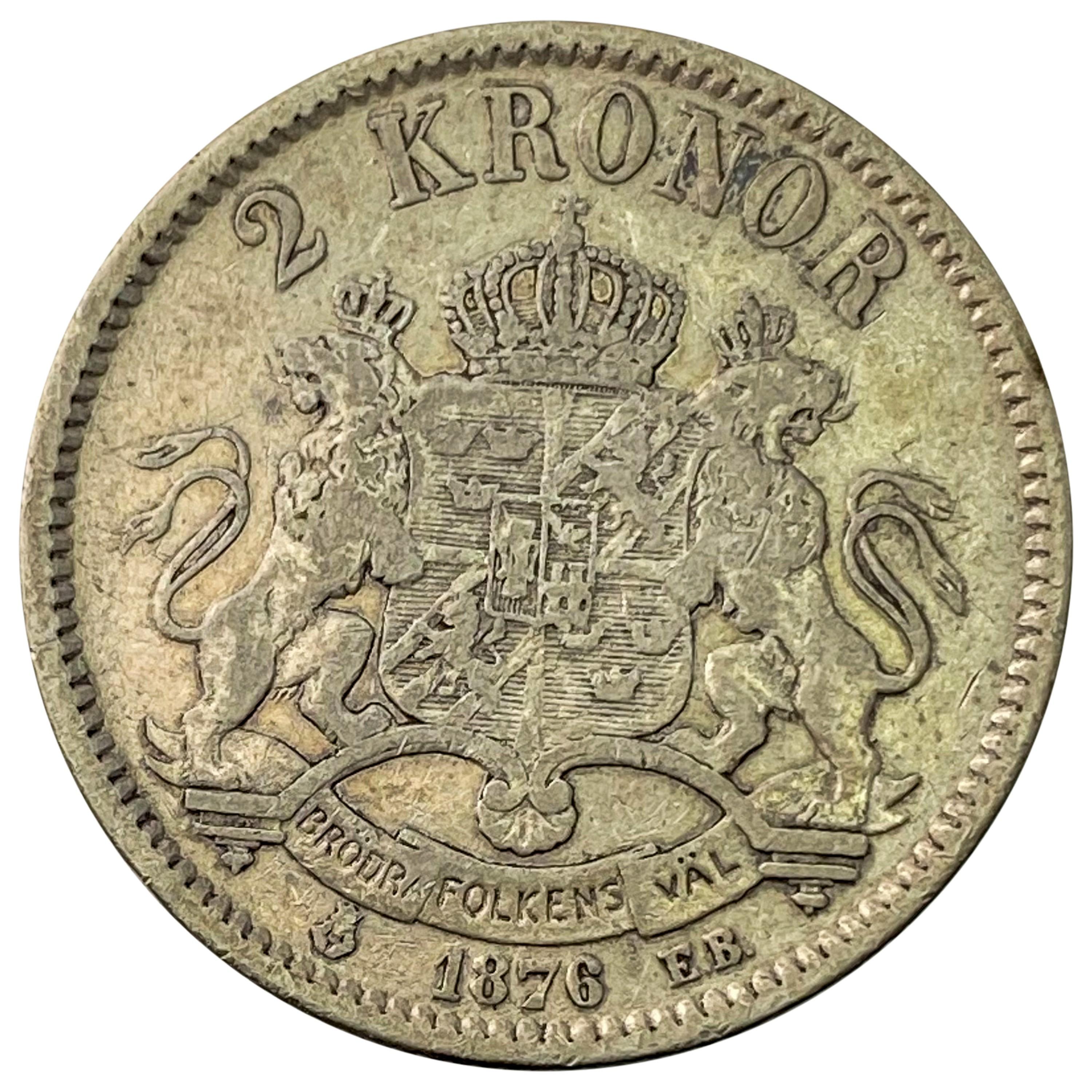 1876 Norway Silver 2 Kreuzer NEARLY UNCIRCULATED