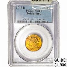 1947 B Switzerland .186oz Gold 20 Francs PCGS MS64