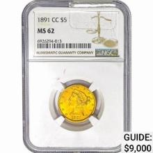 1891-CC $5 Gold Half Eagle NGC MS62