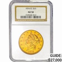 1874-CC $20 Gold Double Eagle NGC AU58